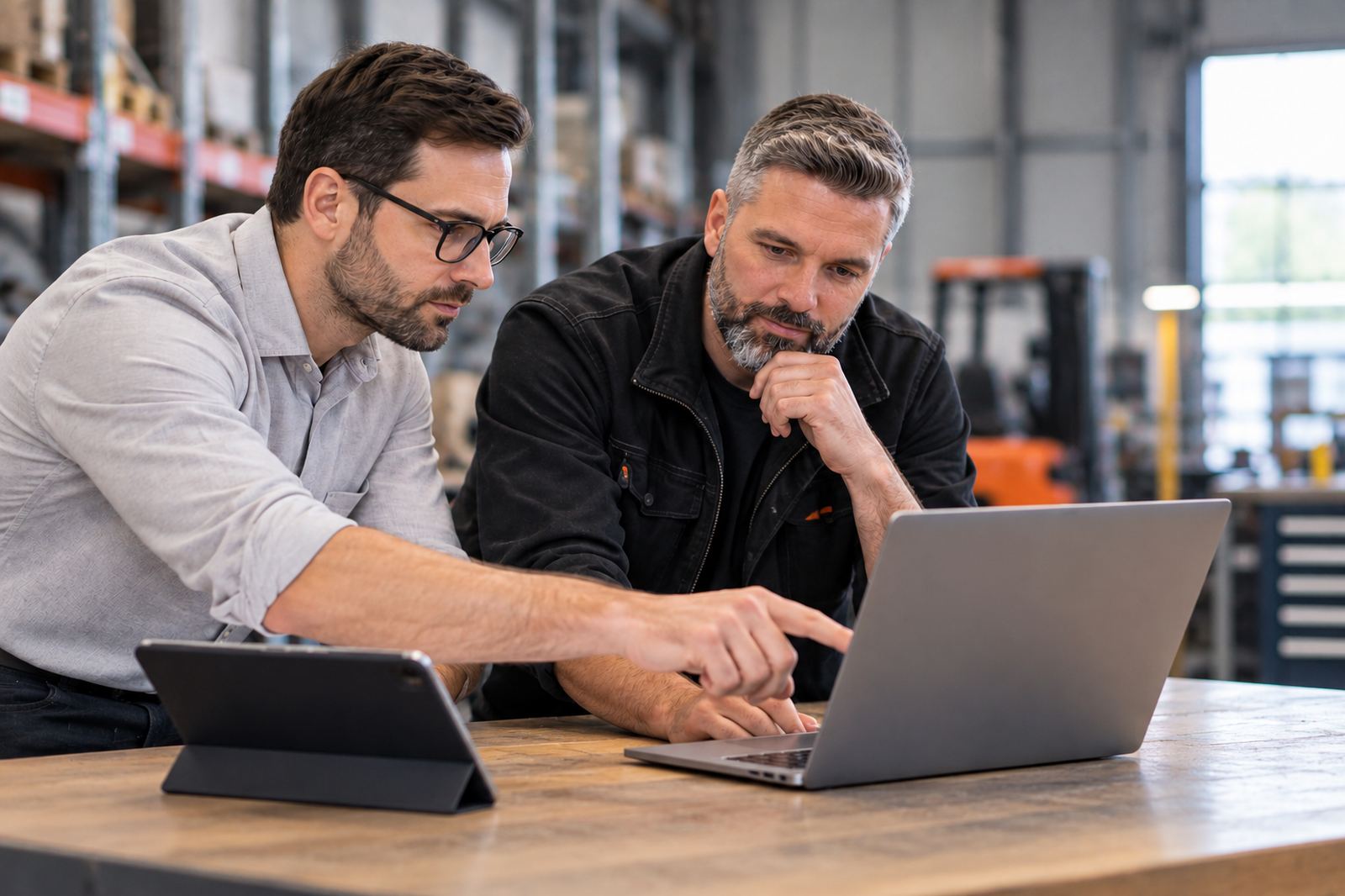 Un architecte et un responsable des opérations consultent l'application dans un entrepôt